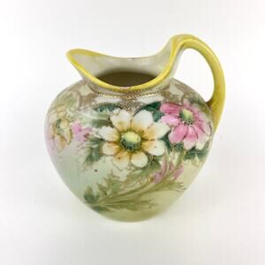 Antique Nippon Hand Painted Moriage Pitcher Vase Blue Maple Leaf Mark